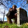 Actor playing young Joseph Skarda at Calvary Cemetery, Milwaukee, WI